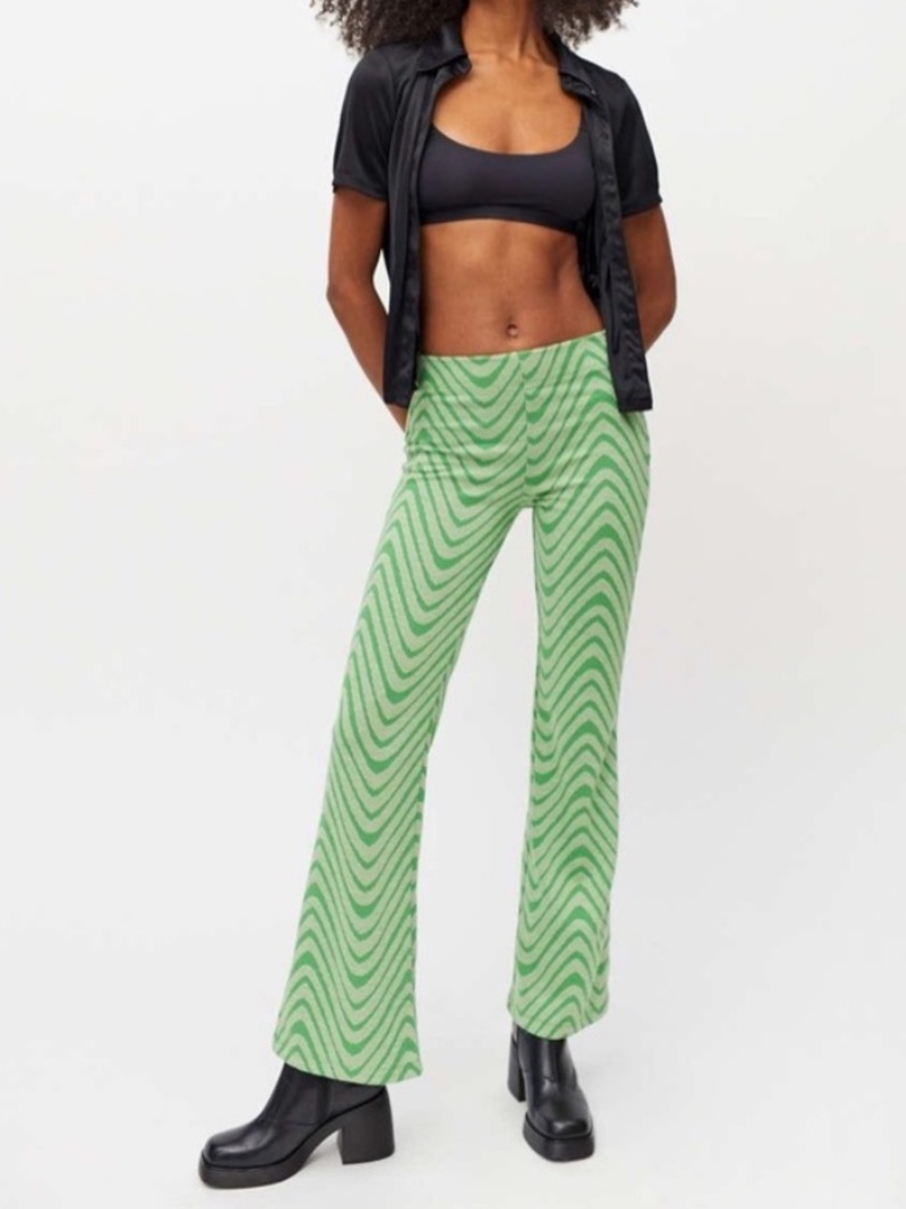 Urban Outfitters Green and White Wave Print Flare Pants